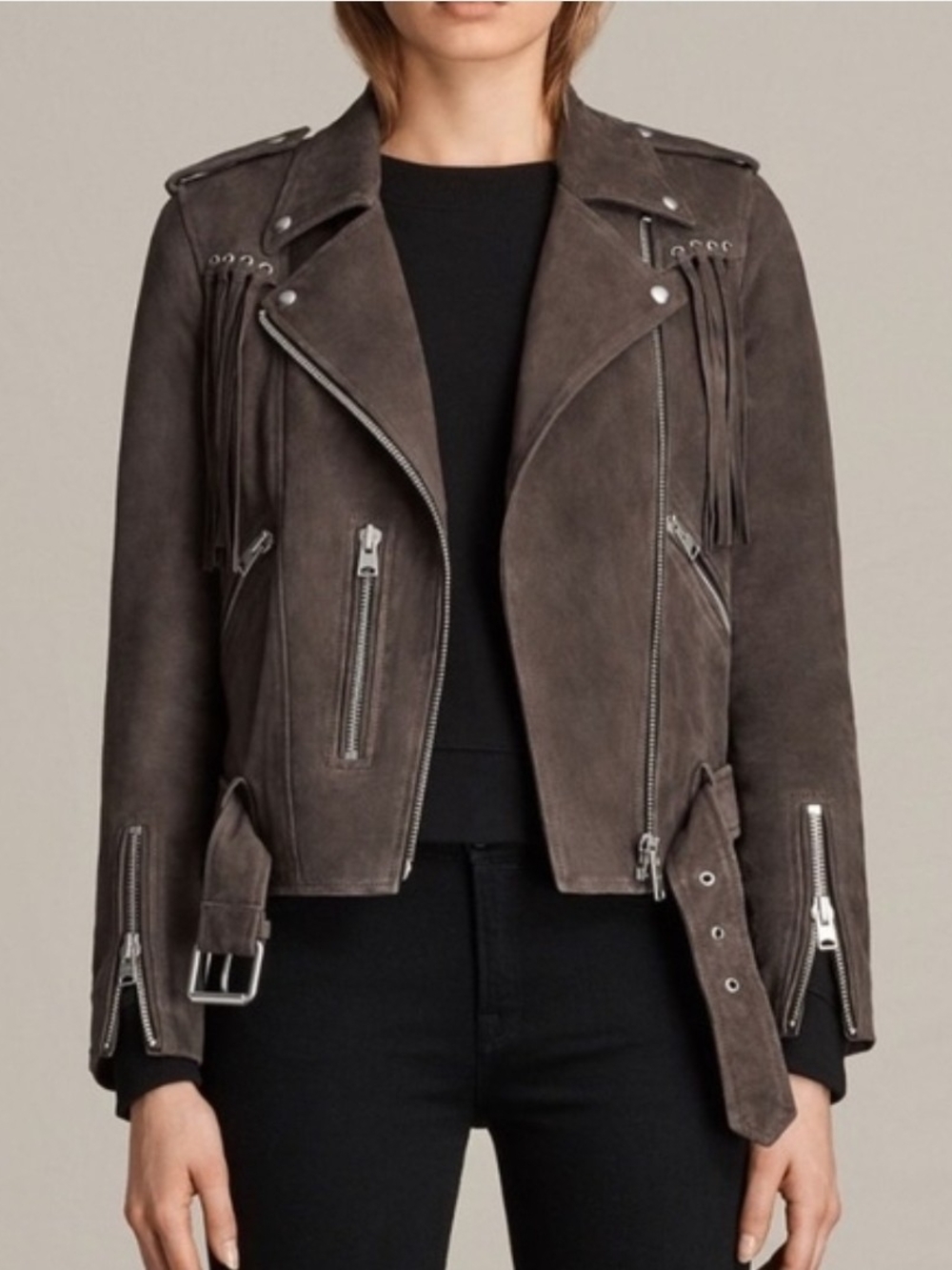 AllSaints- Brown Suede Fringe Moto Jacket Sz 4